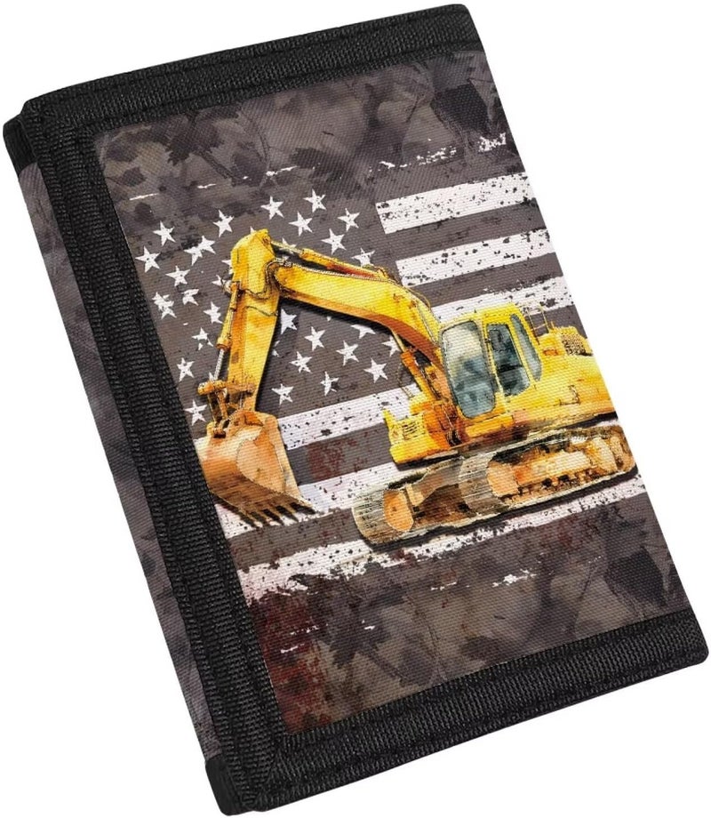 Rnyleeg American Flag Excavator Wallet for Boys with Coin Pocket Novelty Kids Wallet for Boys Ages 4 6 8 10 Trifold Children's Money Wallets for Toddlers American Flag Purse with Card Holder - Image 1